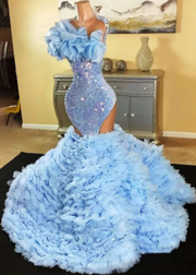Sequin Mermaid Blue Prom Dress Prom Dress with Tiers