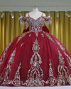 Burgundy Quinceañera dress with crystal tassels, spaghetti straps and corset bodice