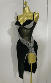 Sparkly Rhinestone Mesh Bodycon Evening Party Dress With Sheer Illusion Fabric