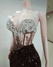 Envious Designs sparkly brown beaded sequin diamond prom dress for prom night styling