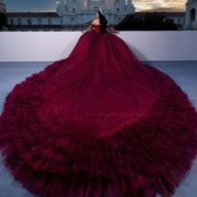 Luxury Burgundy Off-Shoulder Quinceanera Dress with Lace and Ruffles
