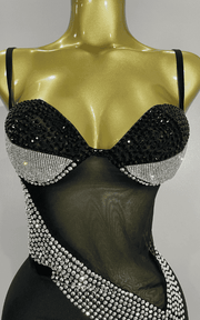 Sparkly Rhinestone Mesh Bodycon Evening Party Dress With Sheer Illusion Fabric