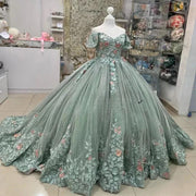 Sage Green Quinceañera Ball Gown with 3D Floral Appliques