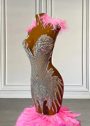 Pink Feathered Mermaid Prom Dress