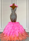 Pink Feathered Mermaid Prom Dress