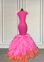 Pink Feathered Mermaid Prom Dress