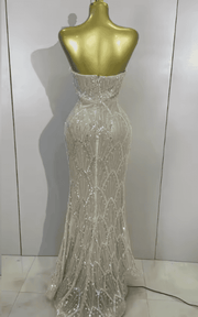 Amber Luxury Beaded Sequin Pearl Strapless Mesh Long Dress