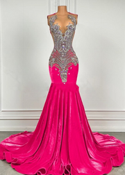 Luxury Dark Pink Velvet Prom Gown with Rhinestones & Beaded Crystals