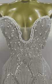 Amber Luxury Beaded Sequin Pearl Strapless Mesh Long Dress