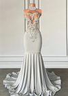 2025 Elegant High Neck Mermaid Silver Beaded Applique Prom Dress