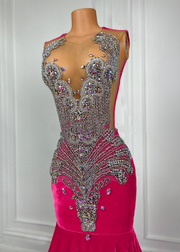 Luxury Dark Pink Velvet Prom Gown with Rhinestones & Beaded Crystals