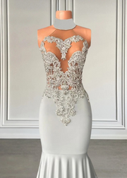 2025 Elegant High Neck Mermaid Silver Beaded Applique Prom Dress