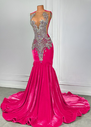 Luxury Dark Pink Velvet Prom Gown with Rhinestones & Beaded Crystals