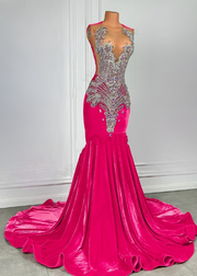 Luxury Dark Pink Velvet Prom Gown with Rhinestones & Beaded Crystals
