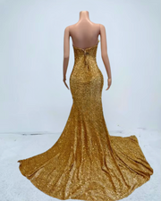 Gold 3D flower applique prom dress with high split – elegant long gown for women.