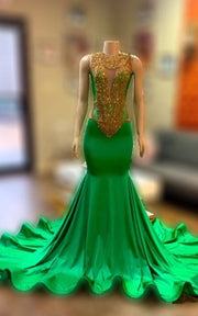 Red carpet ready gold crystal evening dress with dramatic train