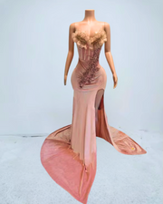 Pink 3D flower applique prom dress with high split – elegant long gown for women.