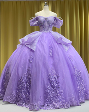 Lilac glitter quinceañera ball gown with layered ruffles and sparkling tulle.