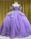 Lilac glitter quinceañera ball gown with layered ruffles and sparkling tulle.