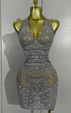 Akisha Sparkly Rhinestone Backless Sheer Mesh Bodycon Mini Dress