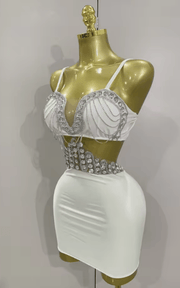 Glenda Luxury White Diamond Chain Sleeveless Bodycon Mini Dress