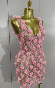 Charmelle Pink Pearl Flower Sheer Mesh Bodycon Mini Birthday Dress