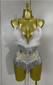 Sharmaine Sparkly Rhinestone Pink Feather Tassel Sheer Mesh Bodysuit