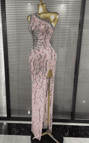Kaitlyn One Shoulder Pink Sheer Mesh Crystal Bodycon Long Dress