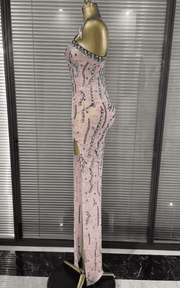 Kaitlyn One Shoulder Pink Sheer Mesh Crystal Bodycon Long Dress
