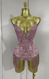 Sophia Sparkly Pink Rhinestone Tassel Sheer Mesh Bodysuit