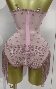 Sophia Sparkly Pink Rhinestone Tassel Sheer Mesh Bodysuit