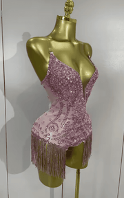 Sophia Sparkly Pink Rhinestone Tassel Sheer Mesh Bodysuit