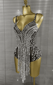 Dinah Sparkly Crystal Sleeveless V Neck Bodycon Bodysuit
