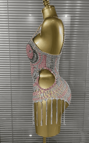 Emilia Sparkly Crystal Diamond Sleeveless V Neck Bodycon Bodysuit