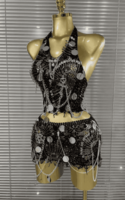 Rinah Sparkly Sequin Chain Two Piece Birthday Mini Dress Set