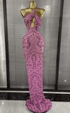 Maddie Sparkly Crystal Pink Sheer Mesh Halter Backless Bodycon Maxi Dress