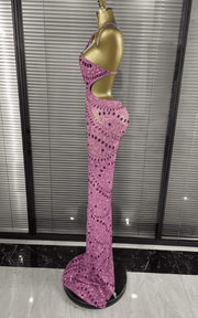 Maddie Sparkly Crystal Pink Sheer Mesh Halter Backless Bodycon Maxi Dress