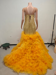 Envious Designs gold sequin crystal beading mermaid prom dress with ruffles for prom and formal evening styling