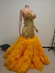 Envious Designs gold sequin crystal beading mermaid prom dress with ruffles for prom and formal evening styling
