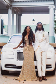 Exquisite gold sequined prom dress for women, elegant evening gown.