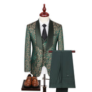 Luxury men’s woven pattern 3-piece formal suit with blazer, vest, and trousers for weddings or events