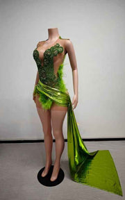 Crystal Embellished Illusion Suit With Feather Accents And Floor Length Sash