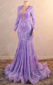Luxury prom gown featuring long sleeves and intricate silver embellishment