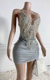 Crystal Embellished Halter Mini Birthday Dress With Sequin Lace Appliqué And Ruched Design