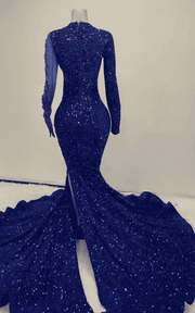 Luxury formal gown featuring royal blue sequins and mermaid flare