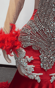 Elegant silver formal dress featuring lace appliqué and feather accents