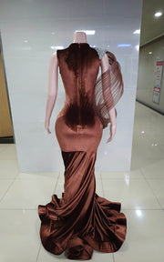 Brown velvet mermaid gown with silver filigree bodice and crystal fringe detail