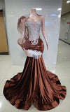 Brown velvet mermaid gown with silver filigree bodice and crystal fringe detail