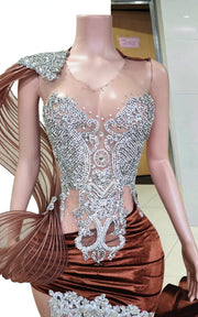 Brown velvet mermaid gown with silver filigree bodice and crystal fringe detail