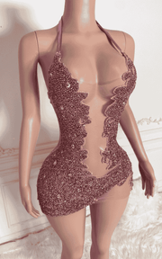 Sparkly Sheer Mesh Rhinestone Illusion Halter Bodycon Birthday Dress